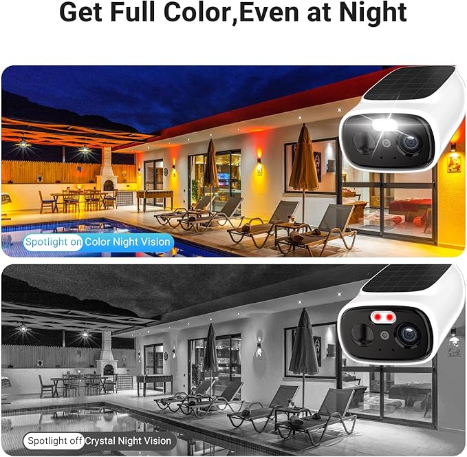 Rraycom 2.5K Solar Security Cameras Wireless Outdoor, 2.4/5Ghz WiFi Battery Solar Powered Security Camera System,Forever Power,Color Night Vision,AI Detection, 2 Way Audio,No Monthly Fee (C366-2PC)
