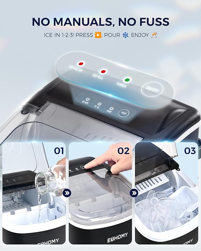 EUHOMY Countertop Ice Maker Machine with Handle, 26lbs in 24Hrs, 9 Ice Cubes Ready in 6 Mins, Auto-Cleaning Portable Ice Maker with Basket and Scoop, for Home/Kitchen/Camping/RV. (Black)
