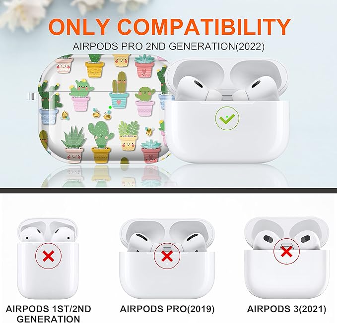 Maxjoy for AirPods Pro 2nd Generation Case, Clear AirPods Pro 2 Case for Women Men Cute Soft AirPod Pro 2 Cover with Keychain Strap for AirPod Pro 2nd Gen Cover 2023/2022, Cactus