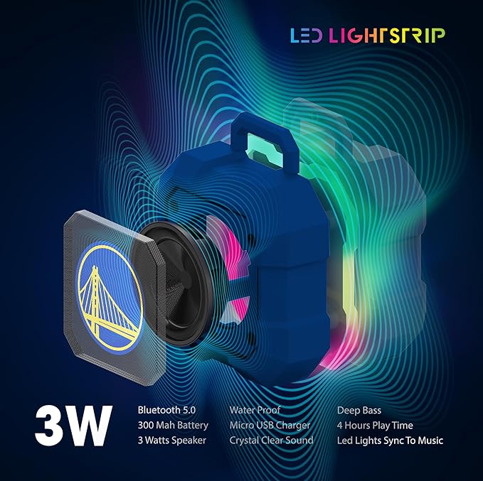 SOAR NBA Shockbox LED Wireless Bluetooth Speaker - Water Resistant IPX4, 5.0 Bluetooth with Over 5 Hours of Play Time - Small Portable Speaker - Officially Licensed NBA, Perfect Home & Outdoor Speaker
