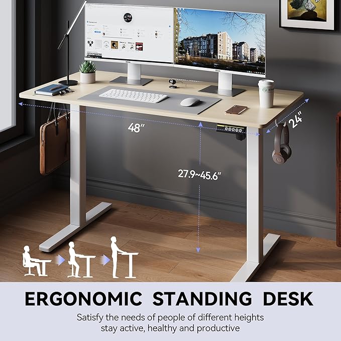 Electric Standing Desk48 x24 Adjustable Height Stand Up Desk with Lockable Wheels Ergonomic Sit Stand Desk for Work Office Home Computer Workstation (Nature)
