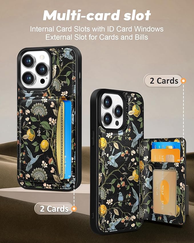 for iPhone 13 Pro Max Case with Wallet - Fits 4 Card Slots, Compatible with MagSafe for Women Aesthetic PU Leather Credit Card Holder Kickstand Phone Cover for Apple 13 Promax, Lemon Bird