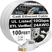 Jadaol [UL Listed] Cat6 Ethernet Cable 100ft with Clips 10Gbps PoE++, White - Image 1