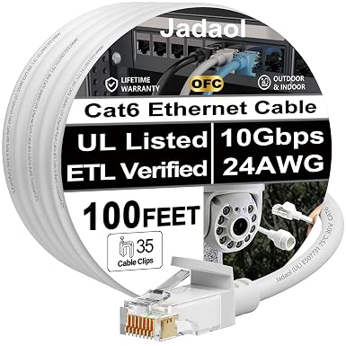 Jadaol [UL Listed] Cat6 Ethernet Cable 100ft with Clips 10Gbps PoE++, White