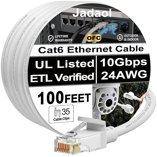 Jadaol [UL Listed] Cat6 Ethernet Cable 100ft with Clips 10Gbps PoE++, White