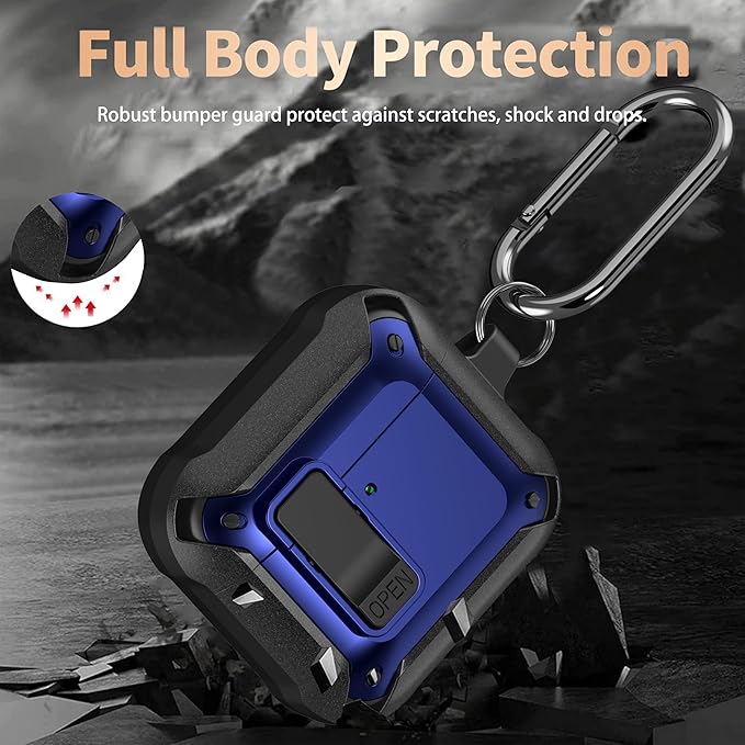 for Airpods 4 Case with Lock Clid, Rugged Apple Airpods 4th Generation Cover 2024 Men Women, Armor Shockproof iPod 4 Gen Protective Hard Shell with Carabiner&Cleaner kit, Black/Blue