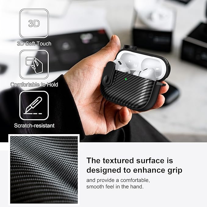 RFUNGUANGO for Airpod Pro Case (2023/2022/2019) with Lock, Carbon Fiber Black Airpods Pro 2nd Generation/1st Generation Case (USB-C/Lightning Cable) Black Switch