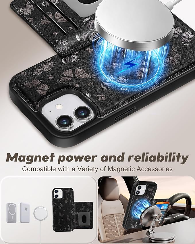 for iPhone 11 Case with Wallet - Fits 4 Card Slots, Compatible with MagSafe for Women Aesthetic Durable PU Leather Credit Card Holder Kickstand Phone Cover for Apple 11, Black Butterfly