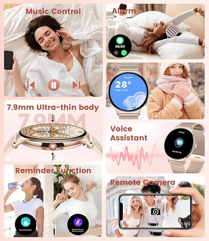 Smart Watches for Women, 1.43" AMOLED Screen Bluetooth Call Smartwatch, 120+ Sports Modes Fitness Tracker, Blood Oxygen Heart Rate Sleep Monitor for Android iOS Gold