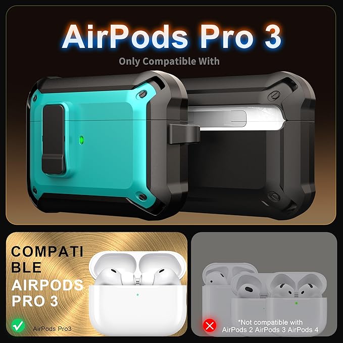 RFUNGUANGO AirPods Pro 3 Case (2025) with Safety Lock and Automatic Pop-up, Compatible with Airpods Pro 3rd Generation Case, Magnetic Lid, Compatible MagSafe, Hard Shockproof Protective Case, Teal