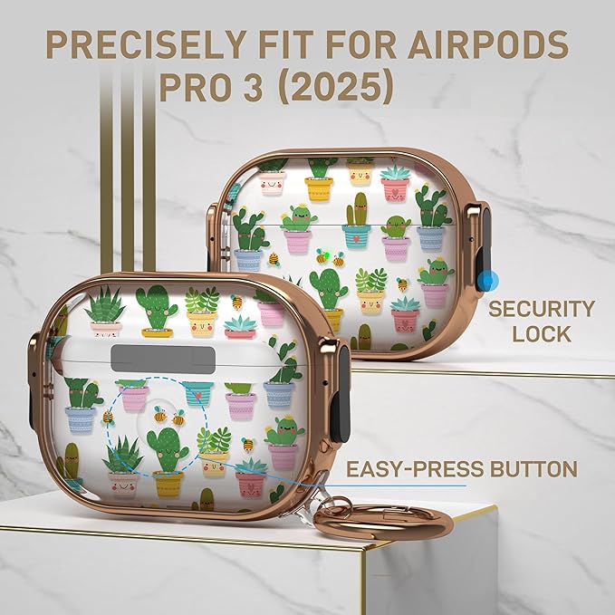 Maxjoy for AirPods Pro 3rd Generation Case with Lock, Clear AirPods Pro 3 Case Lock Protective Hard AirPod Pro 3 Cover for Women Men with Keychain for Airpod Pro 3rd Gen Cover 2025, Cactus