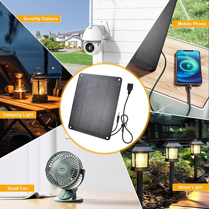 2Pack Solar Panel with Metal Hook, 5V 6W High Performance Monocrystalline Module with USB-A Female & DC Male Output, Waterproof Panel for Security Camera,Mobile Phone,Small Fan,Charging Bank,Outdoor