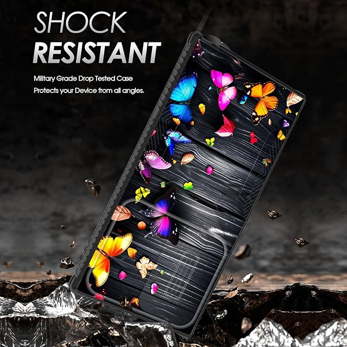 for Galaxy S25 Ultra Case Built in Slide Camera Lens Cover,Heavy Duty Shockproof Protection Dual Layer Case for Samsung Galaxy S25 Ultra 6.9" 2025,Colorful Butterflies on Wooden