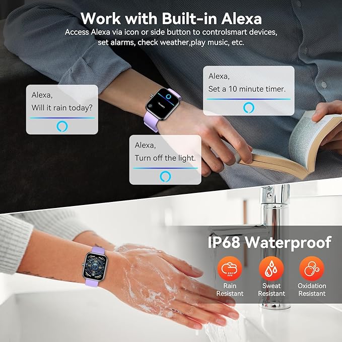 Smart Watch with Alexa Built-in, 1.83" HD Touchscreen Fitness Tracker, Bluetooth Notifications/Calls, IP68 Waterproof, 120+ Sport Modes, 24/7 Heart Rate & Sleep Monitor for iPhone Android iOS (Purple)