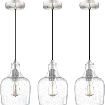3 Pack 1 Light Indoor Hanging Kitchen Island Pendant Ceiling Light 6.1" Clear Seeded Glass Fixture,Brushed Nickel Finish for Farmhouse Over Sink Bedroom Hallway