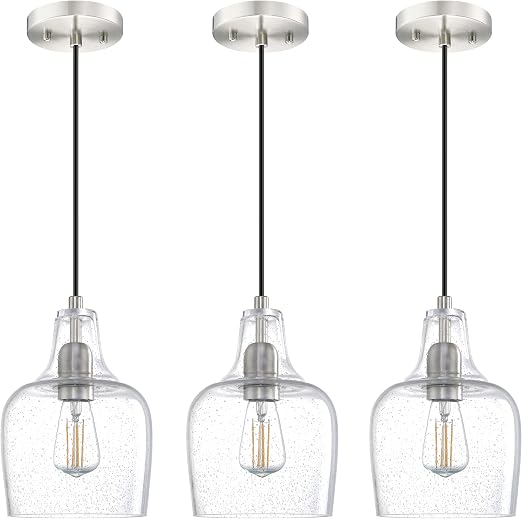 3 Pack 1 Light Indoor Hanging Kitchen Island Pendant Ceiling Light 6.1" Clear Seeded Glass Fixture,Brushed Nickel Finish for Farmhouse Over Sink Bedroom Hallway