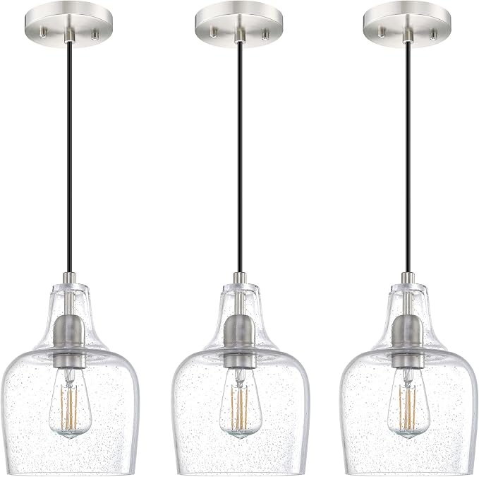 3 Pack 1 Light Indoor Hanging Kitchen Island Pendant Ceiling Light 6.1" Clear Seeded Glass Fixture,Brushed Nickel Finish for Farmhouse Over Sink Bedroom Hallway
