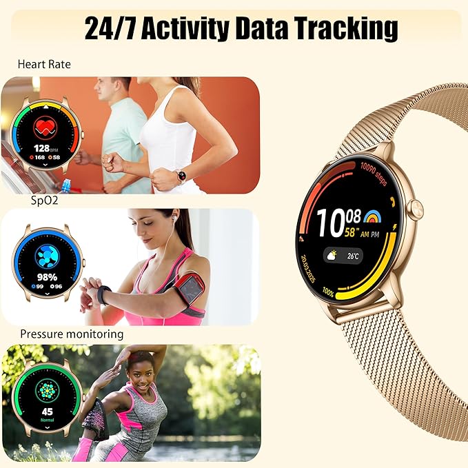 Smartwatch for Women Ultra Slim,1.32" AMOLED Fitness Tracker with Heart Rate, Blood Oxygen, Sleep Monitor, Pedometer, Bluetooth Call, IP68 Waterproof, iPhone & Android -2 Bands