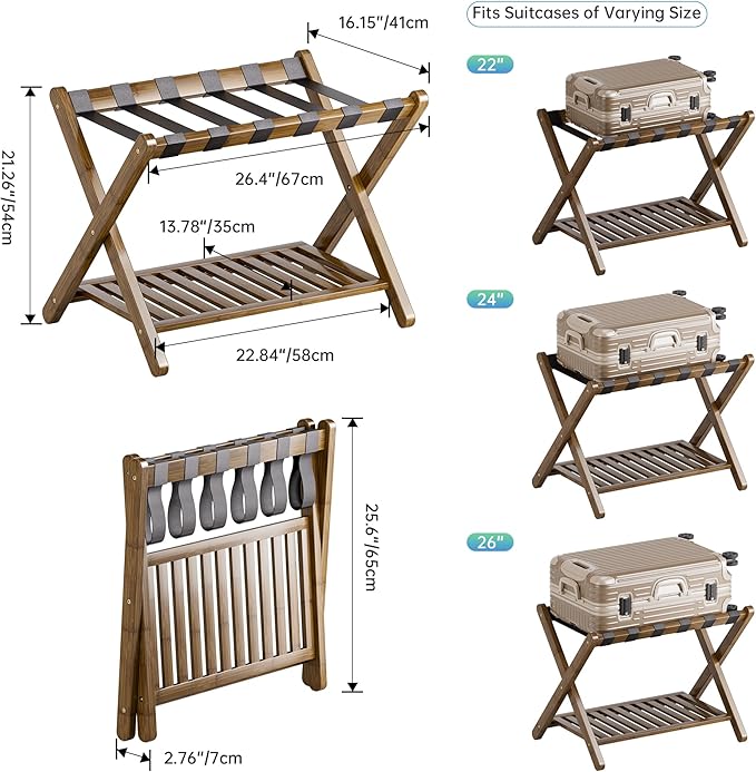 SMIBUY Luggage Rack, Foldable Bamboo Suitcase Stand with Storage Shelf for Guest Room, Bedroom, Hotel, Heavy-Duty, 1 Pack (Walnut)