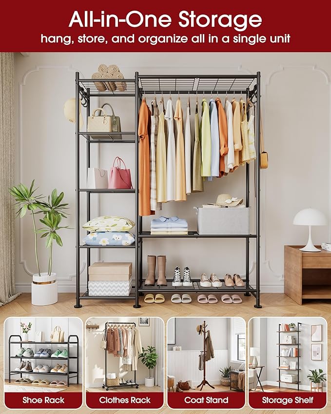 Closet Organizers and Storage - Free-Standing Clothes Rack with Leveling Feet & Wall-Anchor Straps, Wardrobe Closet with 6 Hooks for Bedroom, Living Room, Laundry, 48.8"×12.6"×62.2", Black