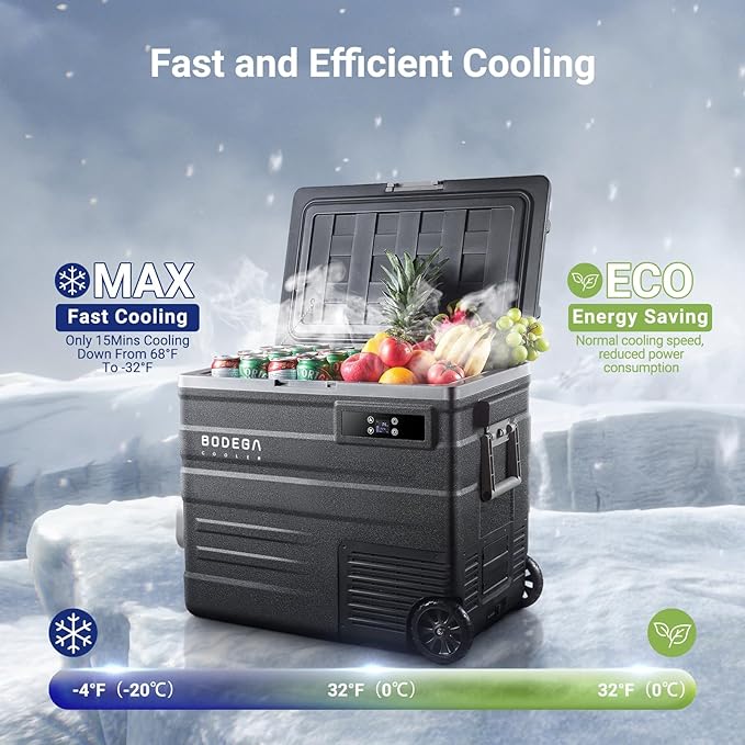 BODEGACOOLER 12 Volt Car Refrigerator,58QT(55L) Car Fridge with Wheels,RV Portable Freezer Single Zone,with APP Control,-4℉-68℉ Car Cooler,12/24V DC & 100-240V AC,for Travel,Camping,Outdoor,Vehicles