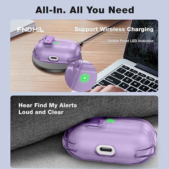 Case for AirPods Pro Case Cover with [Lock Safety & Pop Up][Military Shockproof] Anti-Yellow Transparent Soft TPU Wireless Charging for AirPods Pro Generation Case with Keychain,Clear Purple