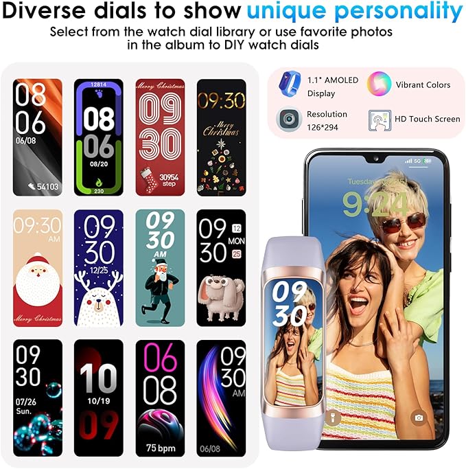 Fitness Tracker, 24/7 Heart Rate Blood Oxygen Blood Pressure Body Temp Monitor Sleep Calorie Tracker with 1.1" AMOLED Touch Color Screen Pedometer Smart Watch Waterproof for Women Men (Purple)