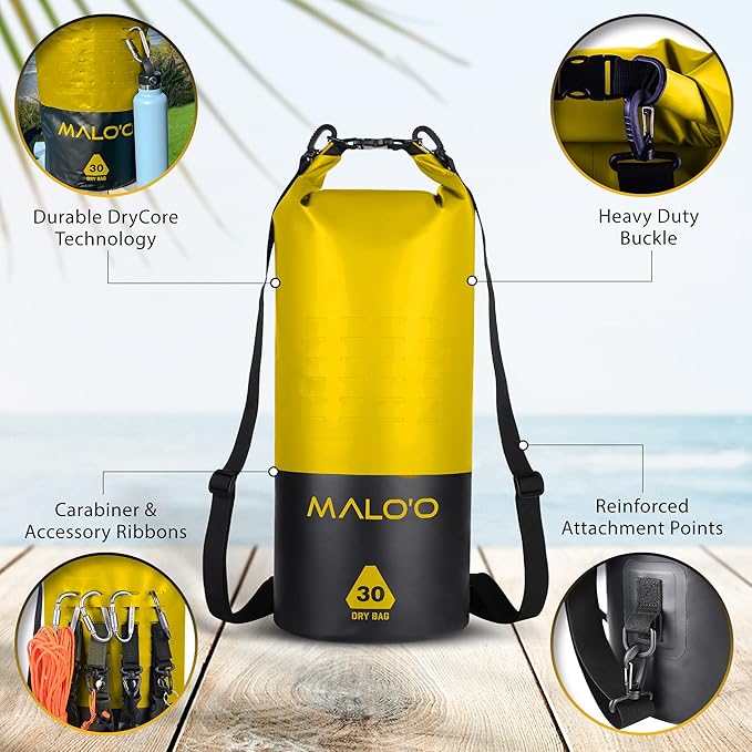 Malo?™o DryPack 30L Waterproof Kayak Dry Bag, Heavy Duty Roll-Top Dry Bag with MOLLE Grid and Carry Straps for Fishing, Paddle Boarding, Boating, Camping, and Travel, Yellow