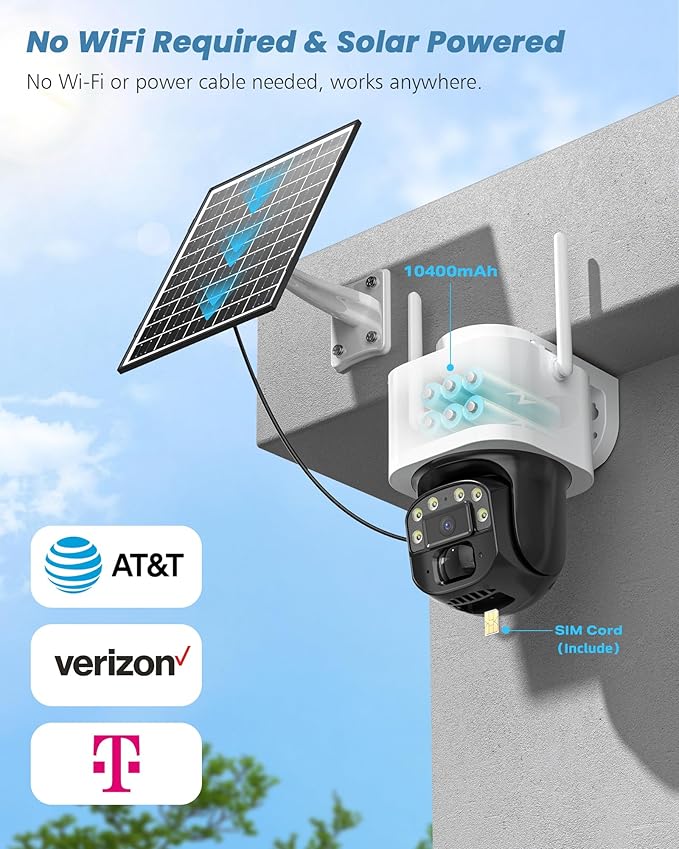 4G LTE Cellular Solar Security Cameras Wireless Outdoor, No WiFi Security Camera, 360° Live View, 2K Color Night Vision, PIR Detection, 2-Way Audio, Motion Alert, IP66, Built in SIM