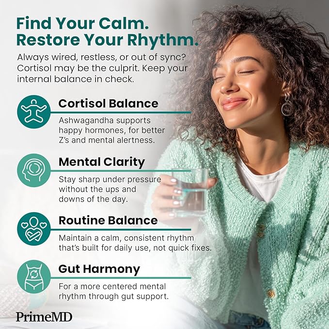 PrimeMD 5-in-1 Cortisol Supplement with Ashwagandha - Herbal Supplements with Shilajit Extract, Magnesium Glycinate, Probiotics (120 ct, Pack of 3)