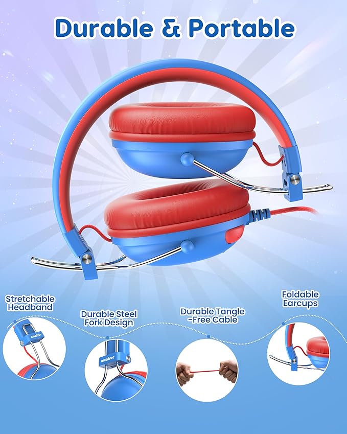 Kids Headphones, 74/85dB Safe Volume Limit, Stereo Sound, Wired On-Ear Headphones for Kids Boys Girls, 3.5mm Jack for Tablet, iPad, Kindle, YOTO Player, Airplane Travel, Blue