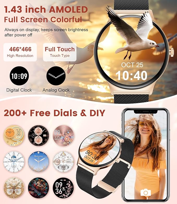 LIGE Smart Watches for Women with Answer/Make Calls, 1,43" HD AMOLED Smart Watch with 120+Sports Fitness Tracker/Calorie, IP68 Waterproof Reloj Inteligente para Mujer, Android iOS SmartWatch