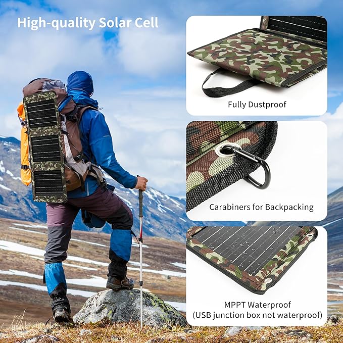 28W Portable Solar Panel Charger, Foldable Backpacking Solar Panel with Dual USB Fast Charging, IP67 Waterproof ETFE Solar Charger for Camping, Hiking, Travel, Power Bank and Phone