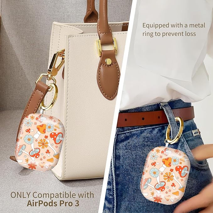 AirPod Pro 3 (2025) Case Cover for Women, Cute Shockproof TPU Protective Case with Gold Round Buckle, Anti-Drop Design Cute Mushroom Flower