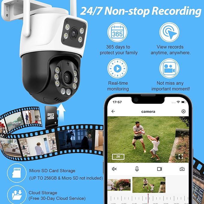 TOWODE 6MP Security Camera Outdoor 360°PTZ Surveillance System Dual Lens Linkage 2.4Ghz 24/7 Record IP66 WiFi Camera for Home Security with Motion Detection, Color Night Vision,Two-Way Audio（2Pack）