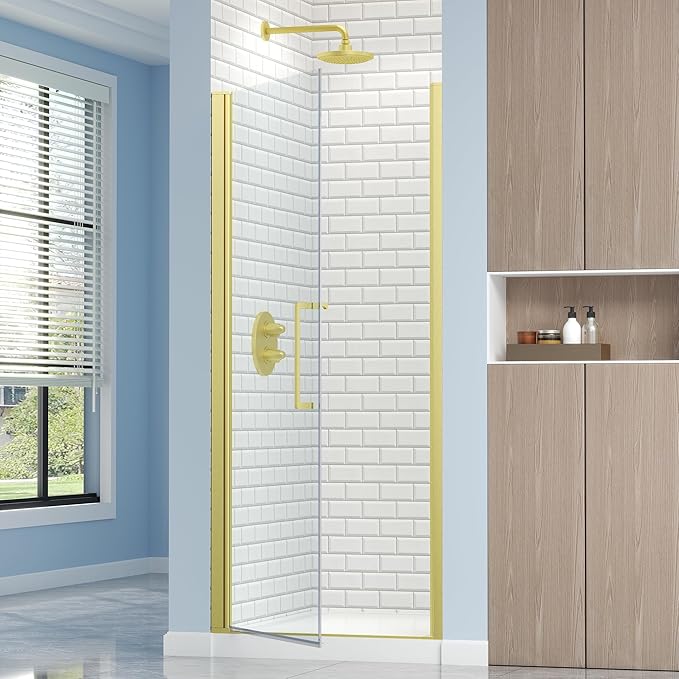 Frameless Pivot Shower Door 28.8-30" W X 72" H, 1/4" (6mm) Clear SGCC Tempered Glass, Hinged Pivot Swing Shower Door, Reversible Installation, Easy to Clean, Brushed Gold