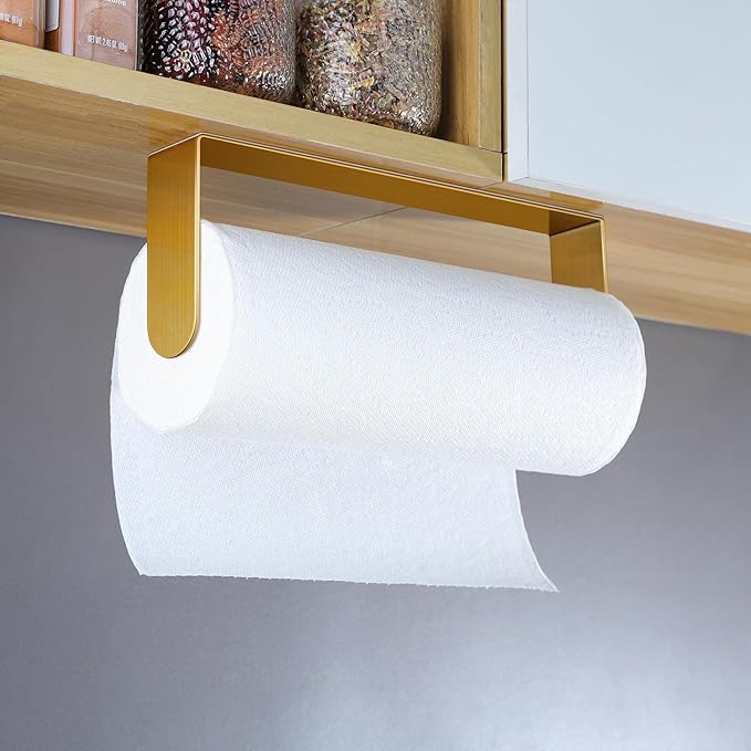 YIGII Adhesive Paper Towel Holder Under Cabinet - Single Hand Operable Paper Towel Rack Stick on Counter for Kitchen, SUS-304 Stainless Steel (Brushed Gold)