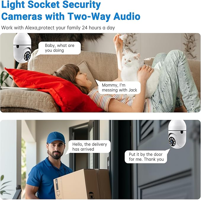Light Bulb Security Camera -5G& 2.4GHz WiFi Camera Outdoor Wireless Motion Detection and Alarm,Two-Way Talk,Color Night Vision, Lightbulb Security Cameras Outdoor Compatible with Alexa,2 Pack