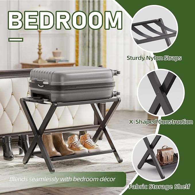 Luggage Rack, Set of 2, Folding Suitcase Stand with Storage Shelf, Premium Bamboo Luggage Holder for Guest Room, Bedroom, Hotel, Closet, Holds up to 135 lb (Black)