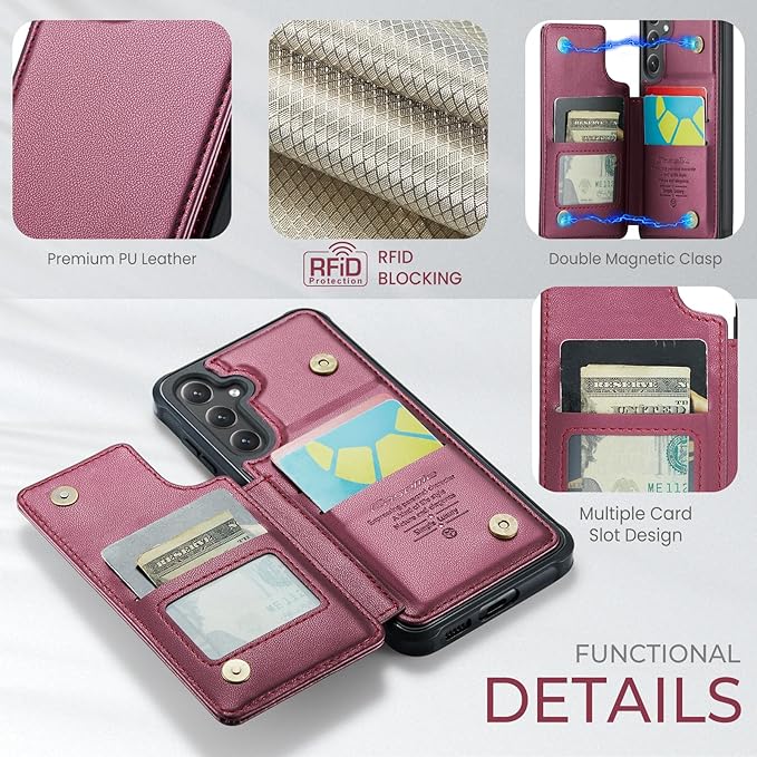Bemal for Samsung Galaxy S24 Wallet Case with Card Holder, RFID Blocking, Shockproof Leather Kickstand for Men and Women, Durable Protective Phone Cover for 6.2", Wine Red