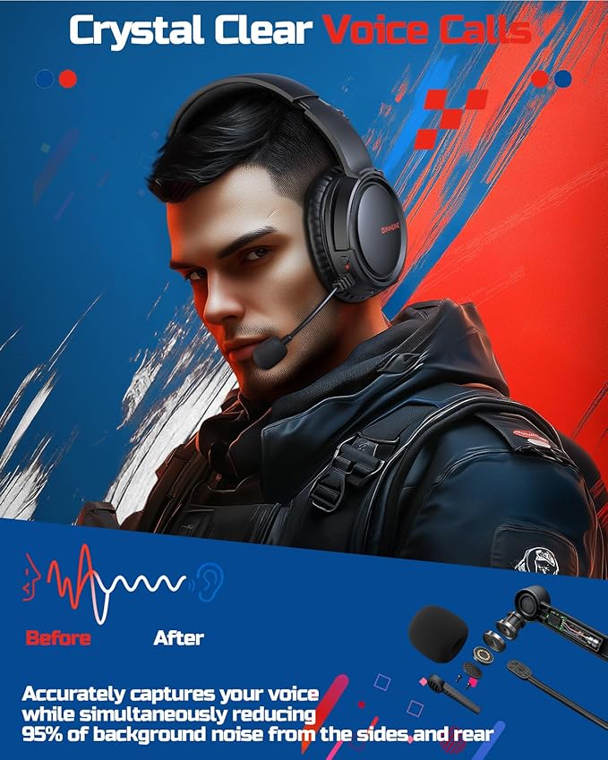 BINNUNE Wireless Gaming Headset for Xbox Series X|S & Xbox One, Low Latency Wireless + Bluetooth, Flip-to-Mute Noise Cancelling Mic, 50mm Drivers, 40H Battery, Over-Ear Headphones