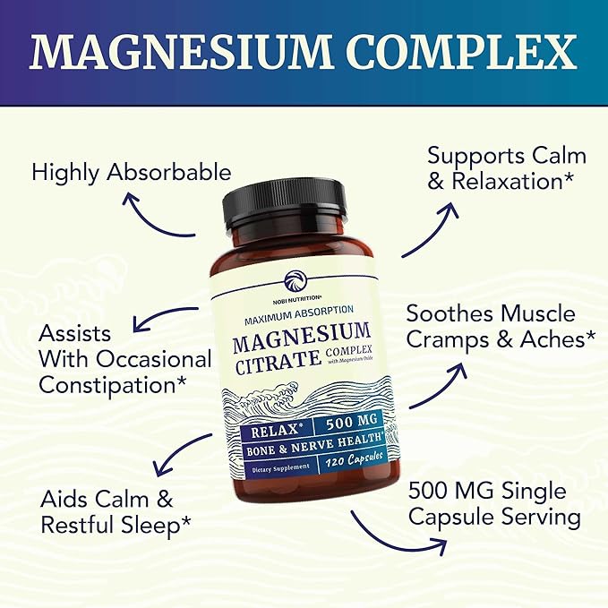 Magnesium Citrate 500 MG (120ct) for Calm & Relaxation | High Absorption Magnesium Supplement with Elemental Mag Oxide | Constipation & Digestion Support | Gluten-Free, Soy-Free | 4-Month Supply