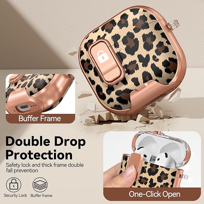 for AirPods 4 Case, with Safty Lock & Phone Stand for Floral AirPods 4th Generation Case Cover for Women Girly, iPod 4 Case with Keychain & Cleaner Kit- Leopard Print