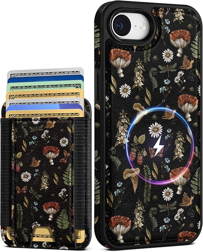 Shorogyt for iPhone 17e/16e Wallet Case - Fits 5 Cards, Compatible with Magsafe Detachable Magnetic Credit Card Holder Leather Cardholder Cute Phone Cover Women Girls for Apple 17e/16e, Mushroom