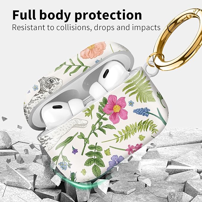 Compatible with Airpod pro 2nd/1st Generation Case Cover with Gold Round Keychain Cute Pattern Hard & Anti Slip Cover for Men Women & Girls（Cute Bunny）