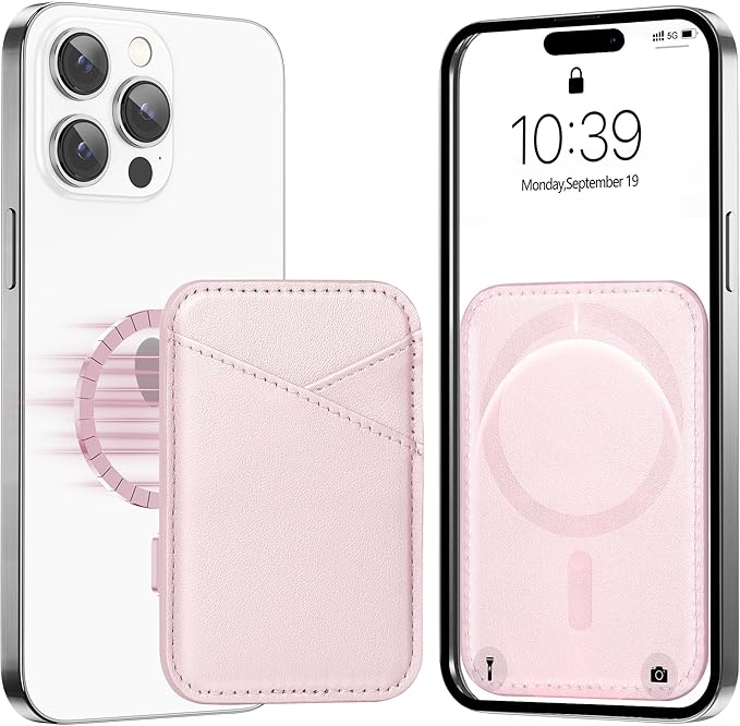 Miroddi for MagSafe Wallet, Strongest Magnetic Card Holder for iPhone 17/16/15/14/13/12 Series, Ultra-Thin Leather Magnetic Phone Wallet with 2 Card Slots, RFID Blocking, No More Falling, Pink