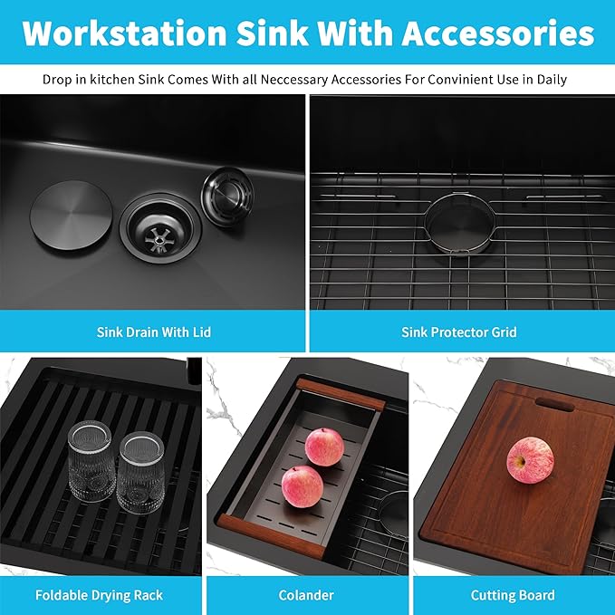 Drop In Black Kitchen Sink,Stainless Steel Sink 16 Gauge,Single Bowl Workstation Sinks (Black, 26" X 22")