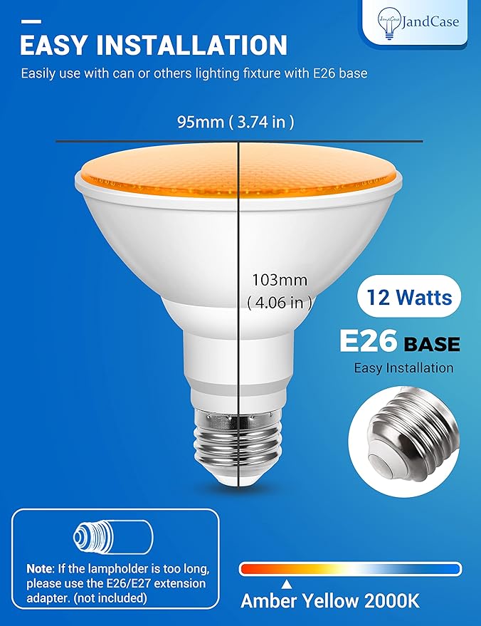 12W LED Bug Lights for Outside[4 Pack], JandCase Yellow Bug Light Bulbs Outdoor, 100Watt Equivalent, PAR30 Flood Light Bulbs for Porch, Patio, E26 Base, Non-Dimmable