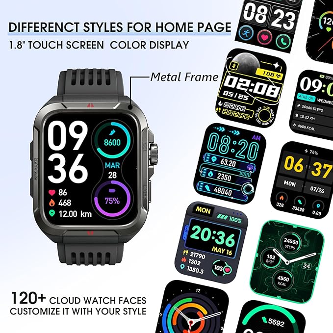KEEPONFIT Smart Watch for Men, Answer/Make Bluetooth Calls, Metal Frame 1.8" Alexa Built-in Fitness Tracker with IP68/100 Sports Modes/Heart Rate/SpO2/Stress/Sleep Monitor for iOS/Android (Black)