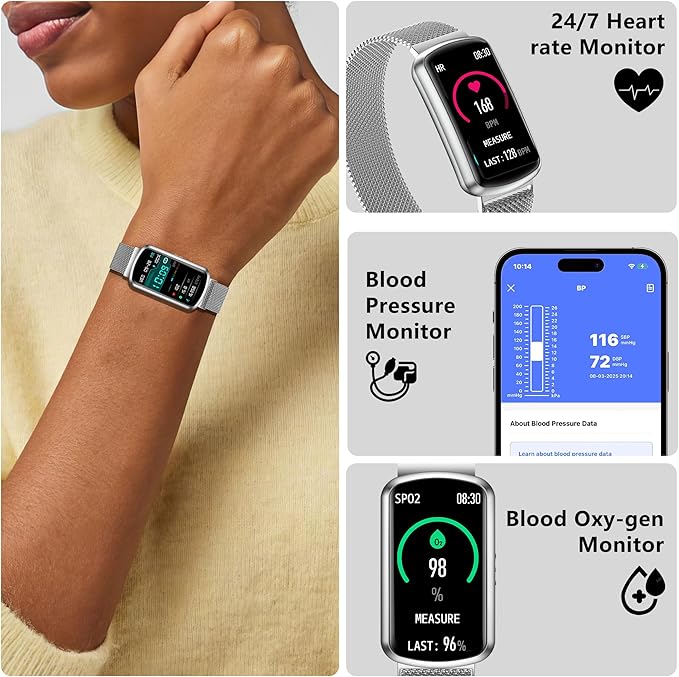 Health Fitness Tracker, Smart Watch with 24/7 Heart Rate and Blood Pressure Monitor, Activity Tracker with Blood Oxygen, 120 Sport Mode Waterproof Sleep Tracker for Women Men (Silver)